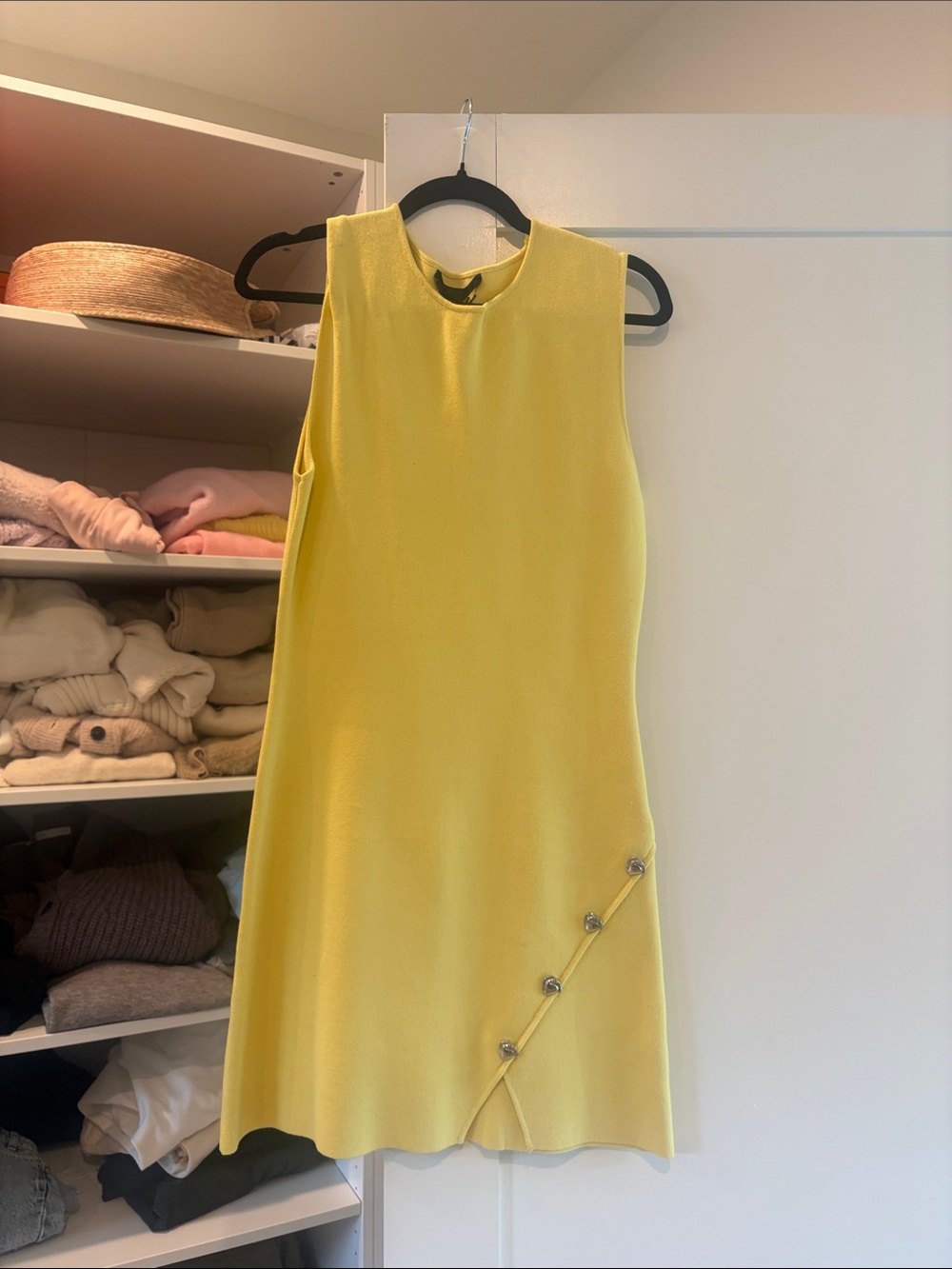 Zara Bright Yellow Sleeveless Shift Dress with Diagonal Button Detail